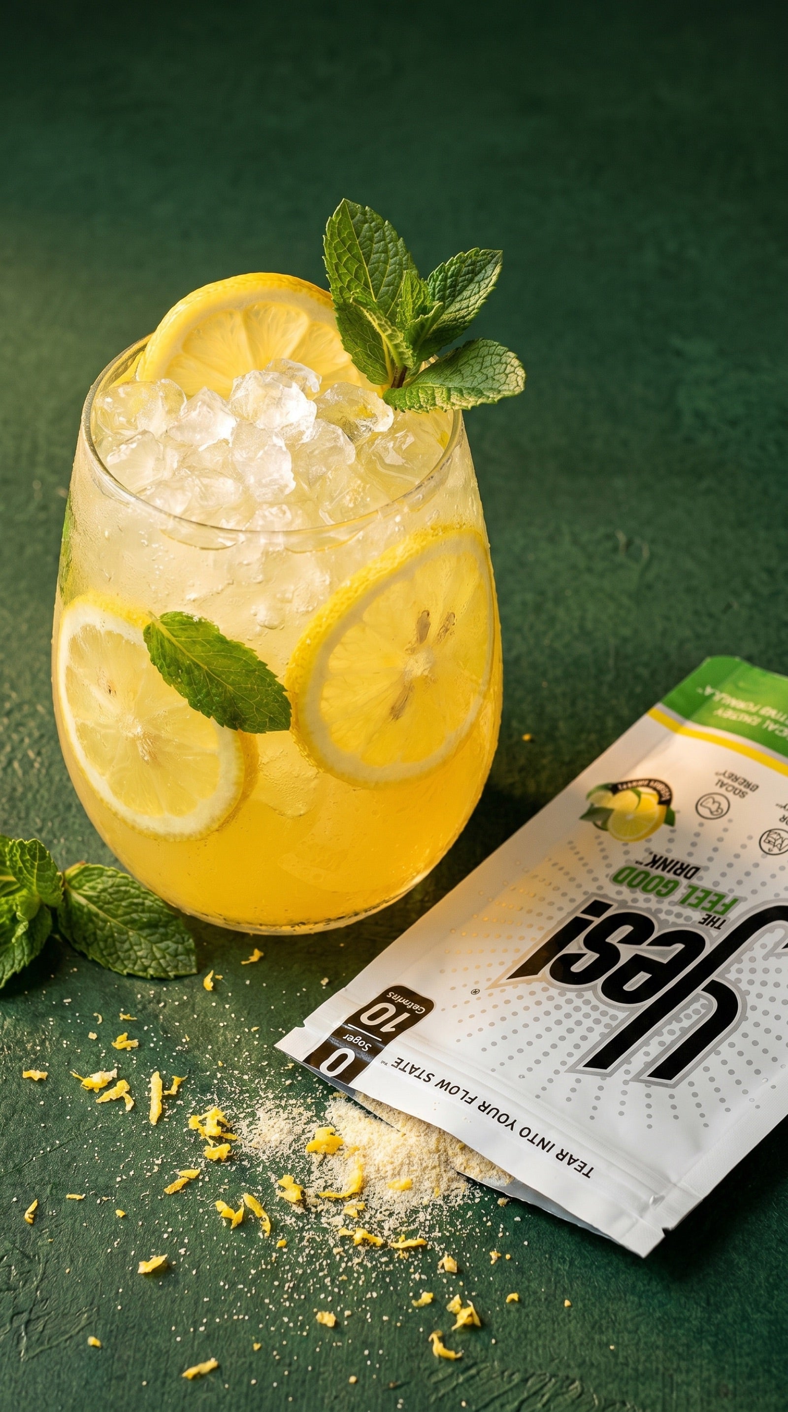 YES! lemon lime over ice, garnished with mint and lemon, next to a stick pack