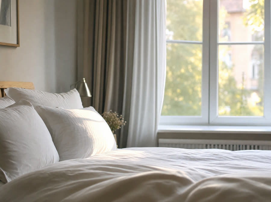 Peaceful bed in morning light
