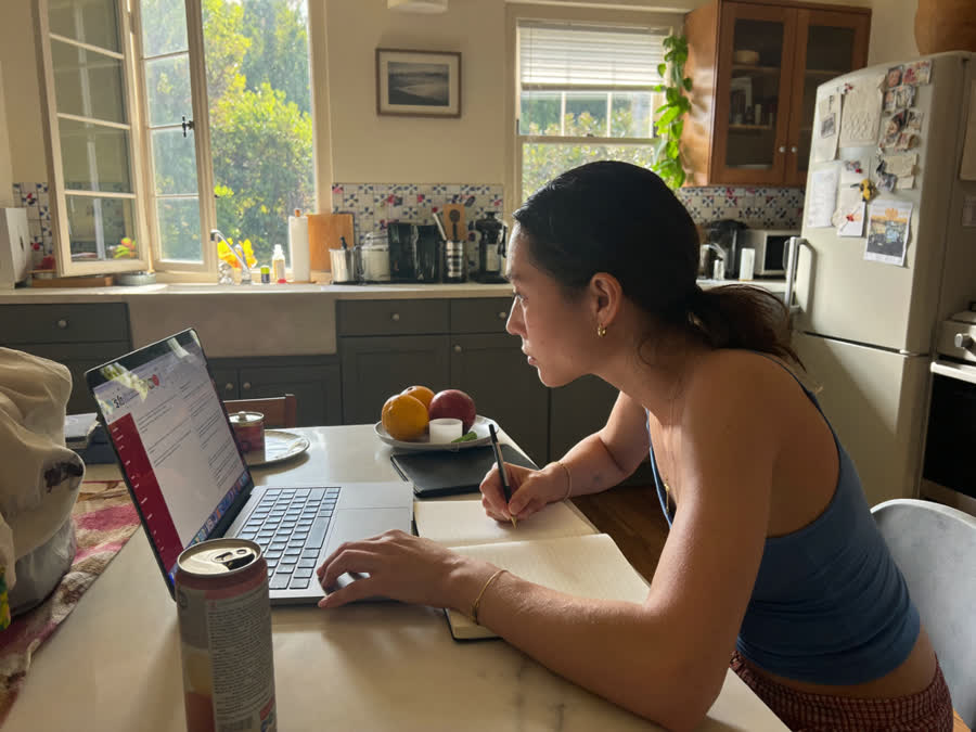 A woman working calmly and focused at her kitchen table in the afternoon