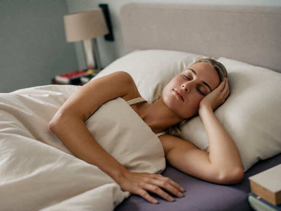 A woman sleeping peacefully in bed in soft morning light