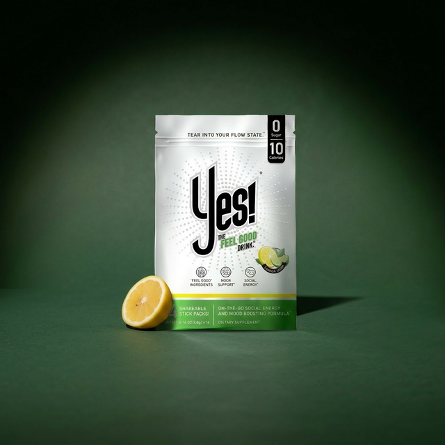 YES! natural mood drink product shot — zero sugar, 10 calories, functional wellness