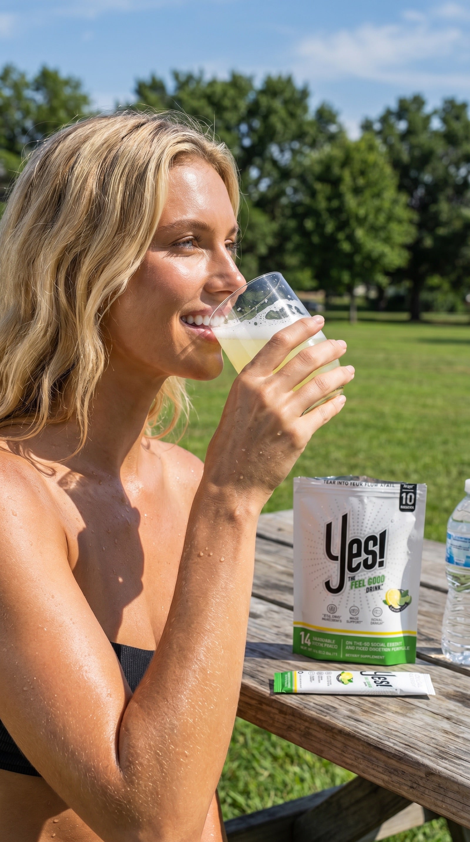 Woman drinking YES! from a glass at a picnic table with the stick pack and bag